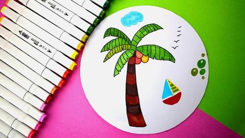 海滩屋简笔画椰子树绘画（沙滩上的小屋和椰子树怎么画）(5)
