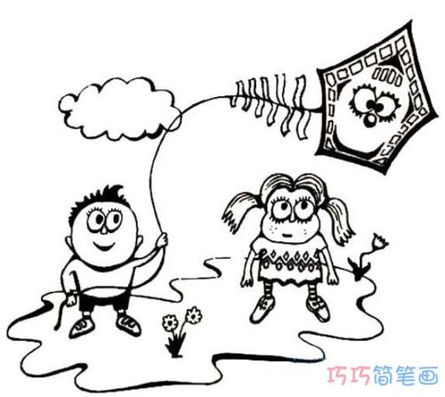 古代小孩玩风筝的简笔画（古代小孩嬉戏简笔画）(3)