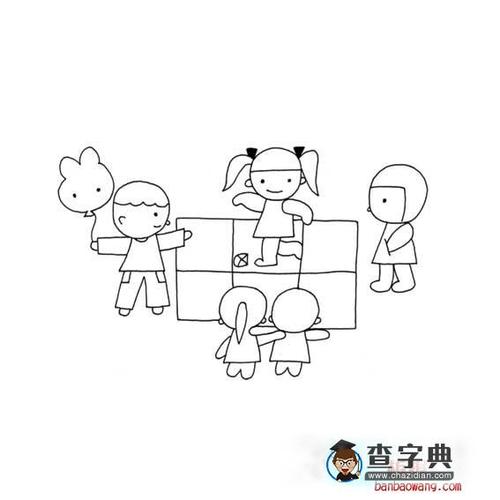 一群小学生玩游戏简笔画（小朋友打游戏简笔画）(4)