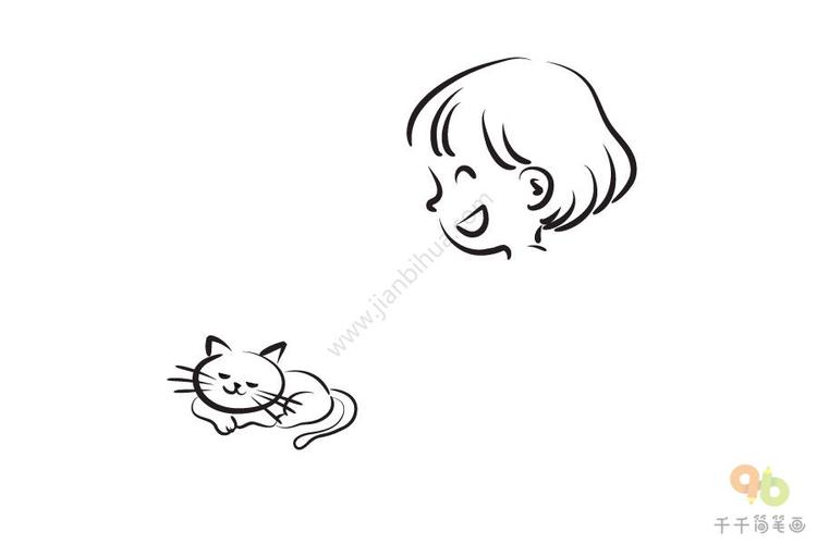 小朋友喂小猫吃东西简笔画（简笔画小猫吃鱼）(1)
