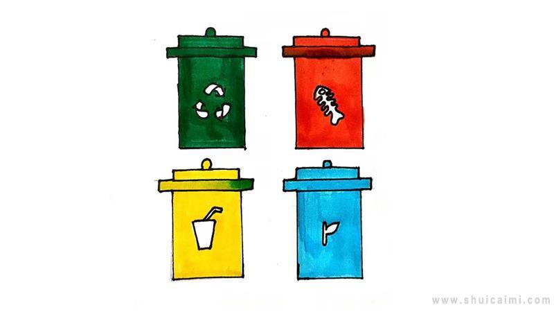 四个垃圾桶简笔画（四种垃圾桶里的东西简笔画）(8)