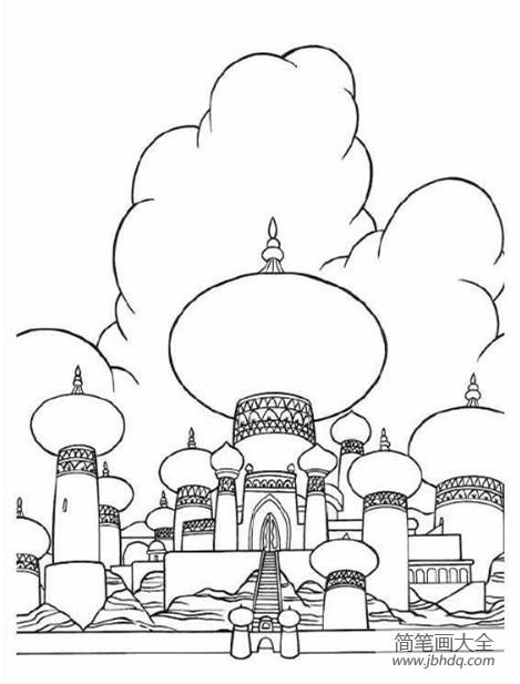 蓝天草地城堡简笔画（三角形城堡简笔画）(1)
