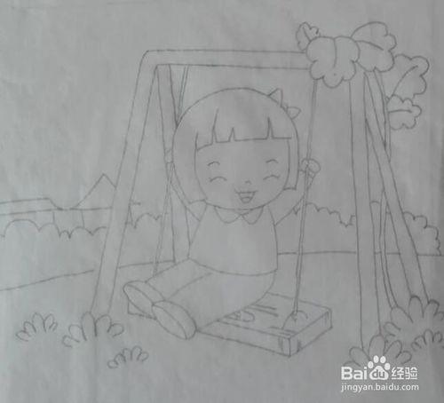 秋千上看书的小女孩简笔画（坐着荡秋千的小女孩简笔画）(3)