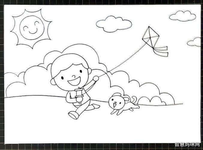 古代儿童放风筝简笔画（放风筝的古代小孩简笔画图片大全）(2)