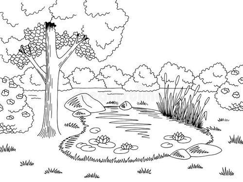 树和池塘简笔画（有湖泊和树的简笔画）(9)