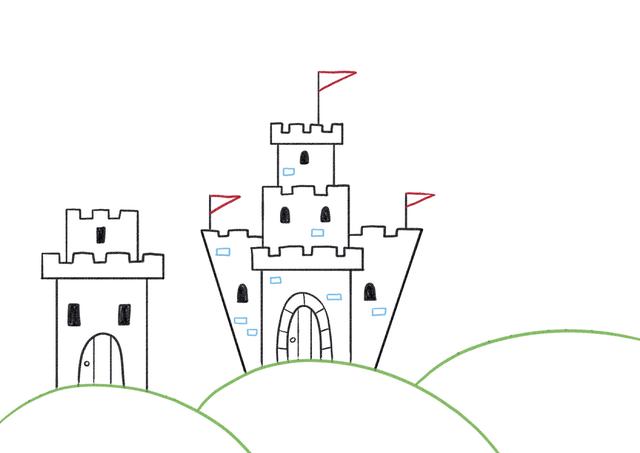 画漂亮的简单的城堡：画三种造型不同的城堡