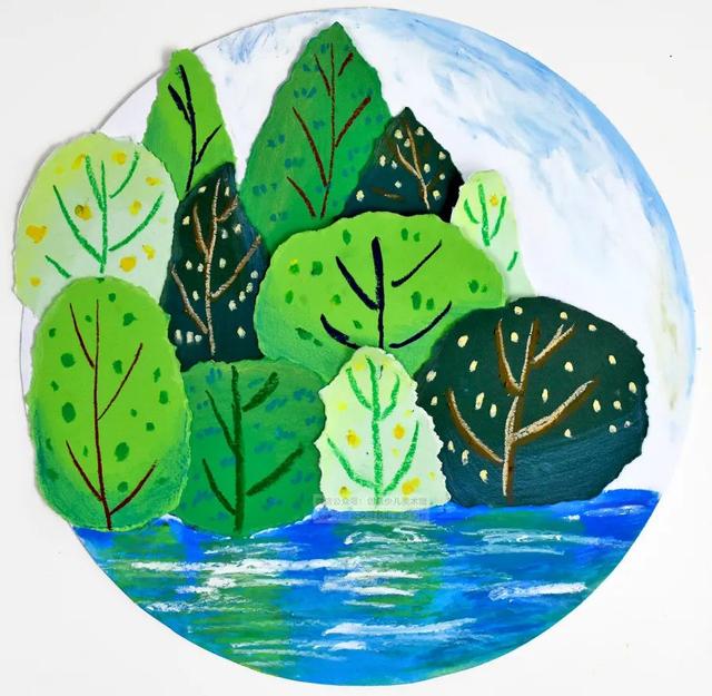 五岁儿童铅笔画秋天的风景画（色块与色调的魅力绿水青山）(10)