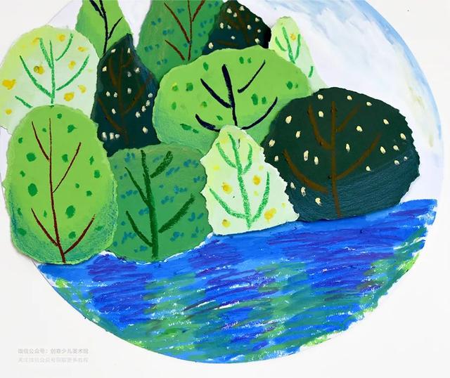 五岁儿童铅笔画秋天的风景画（色块与色调的魅力绿水青山）(9)